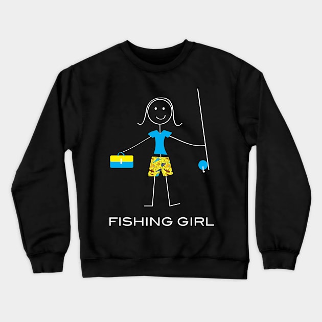 Funny Fishing Girl Illustrated Stick Girl Fisherwoman Crewneck Sweatshirt by whyitsme